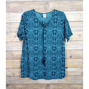 Faded Glory Women Shirt XXL 20 Blue Teal Boho V Neck Short Sleeve Floral